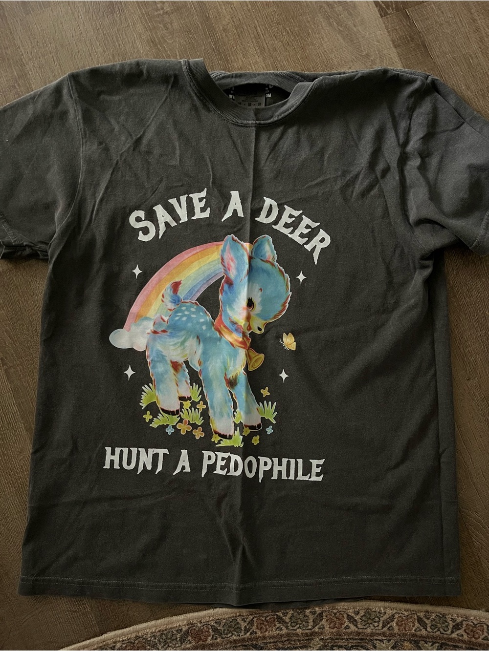 Grey Graphic Tee with Pastel Blue Fawn and Rainbow